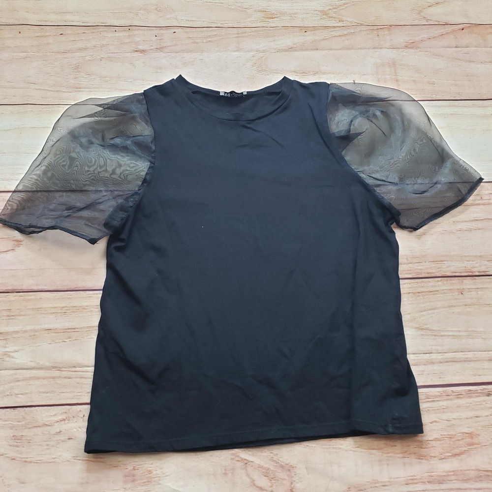Zara T-Shirt‎ Womens M Black Balloon Sleeve Crew Neck Lightweight Casual